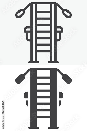 Multi gym machine icon set with workout station equipment. Line outline and solid icon versions with editable stroke. Vector sign and symbol for fitness training gym machine icon.