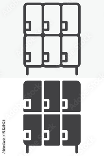 Gym locker storage icon set for changing room cabinets. Line outline and solid icon versions with editable stroke. Vector sign and symbol for fitness locker storage icon.