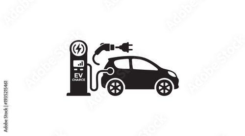 Electric vehicle charging at a modern ev charge station represented in a simple vector graphic illustration