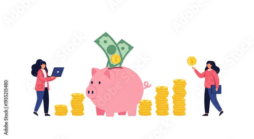 Individuals actively managing finances, saving money into a piggy bank, building wealth with growing coin stacks and digital tools
