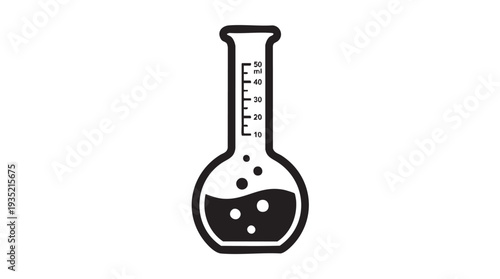 Laboratory flask with dark liquid in minimalist black line art for science education