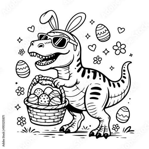 dinosaur wearing bunny ears and sunglasses holding easter basket with decorated eggs smiling spring vector illustration isolated on white background line art design for greeting card, kids apparel