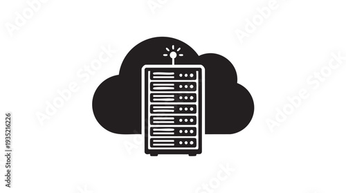 Vector graphic illustration of a server with a cloud symbolizing cloud computing and data storage solutions for businesses and organizations.