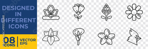 A collection of 8 elegant flat vector floral icons designed in a clean, minimalist line art style, available in EPS format for versatile use.