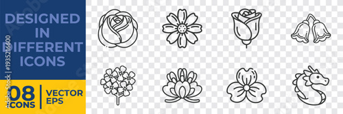 A collection of 8 minimalist flat vector icons featuring floral designs, a rose, swirls, and a seahorse, ideal for graphic design projects.