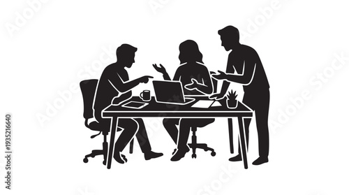 Business team collaborating in a meeting with laptops and discussion in a modern office vector illustration