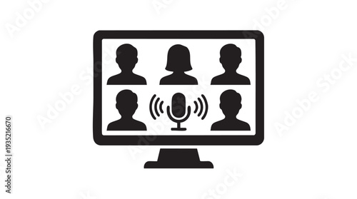 Video conference call on computer screen in simple black and white flat design for business communication