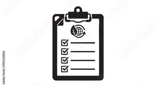 Simple black vector illustration of a clipboard with a checklist and eco friendly logo on a white background symbolizing environmental responsibility and sustainability.