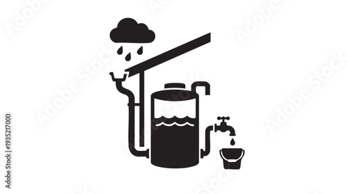 Simple vector graphic illustration of a rainwater harvesting system with a tank and faucet