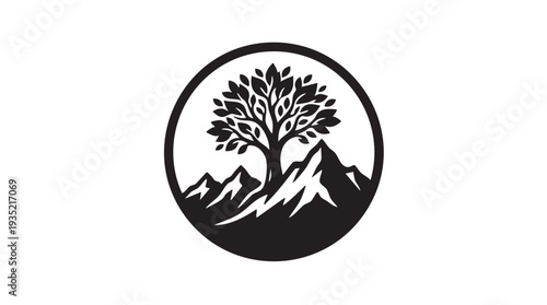 Simple vector logo featuring a stylized black silhouette of a tree in front of mountains within a circular frame perfect for branding and identity