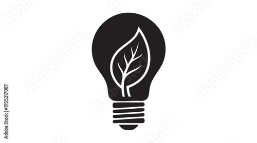 Simple vector graphic illustration of a lightbulb with a leaf inside symbolizing eco friendly innovation and sustainable energy solutions for a greener future.