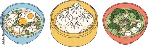 Set of Asian Dishes Featuring Soup, Dumplings, and Tofu in Colorful Bowls