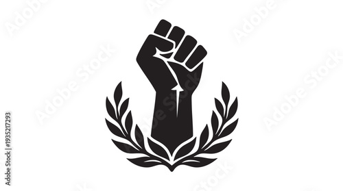 Powerful vector graphic illustration of a raised fist surrounded by a laurel wreath symbolizing strength and solidarity in a simple yet striking black and white design.