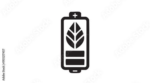 Simple vector graphic illustration of a battery with a leaf representing eco friendly energy or power source
