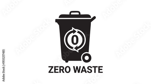 Zero waste vector illustration featuring a simple black and white trash can design with recycling symbol and zero waste text