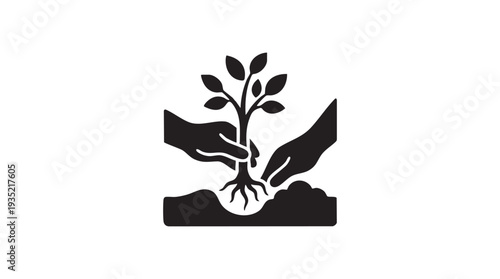 Hands nurturing a young plant with visible roots in vector graphic illustration symbolizing growth and care