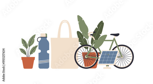 Eco-friendly lifestyle illustration featuring bicycle, plants, and reusable bag