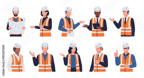 Diverse group of construction workers in hard hats and safety vests gesturing in various poses, vector illustration