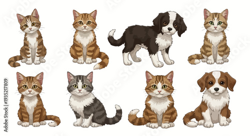 Assorted cats and dogs illustration featuring various breeds