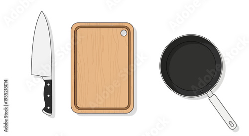 A knife, cutting board, and frying pan are laid out on a surface for cooking preparation.