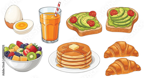 Vector Healthy Breakfast Set with Eggs, Orange Juice, Avocado Toasts, Fruit Salad Bowl, Pancakes and Croissants Isolated