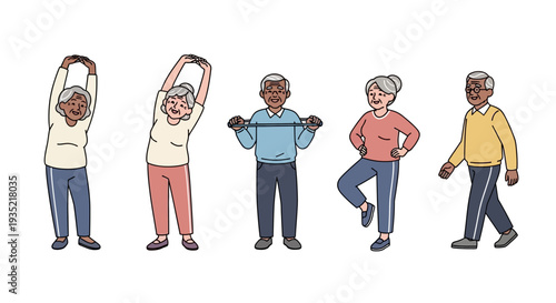 Diverse group of seniors exercising and stretching together outdoors