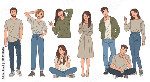 Diverse group of people in various relaxed poses and casual clothing, showcasing different emotions and activities in a studio setting.