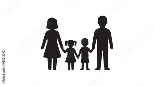 Vector illustration of a loving family with two children holding hands with their parents in a simple silhouette design