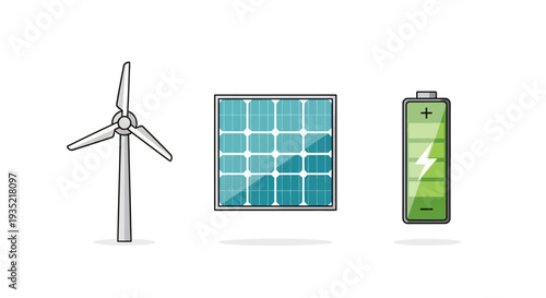 Renewable energy sources including wind turbine, solar panel, and rechargeable battery depicted in simple illustration style