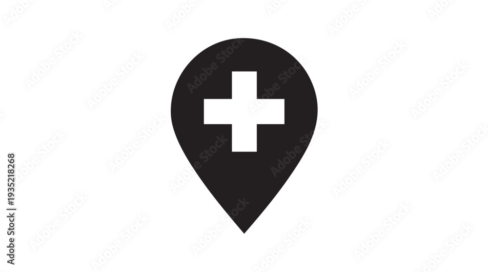 Fototapeta premium Medical location pin icon with cross symbol indicating healthcare services or medical facility on a simple vector graphic design