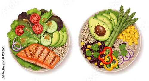 Healthy meal plates with salmon, avocado, and vegetables served on a clean white background viewed from directly above