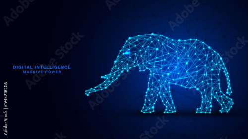 Digital Intelligence Elephant in Blue Network Design, Artificial Intelligence Concept with Polygon Elephant, Futuristic AI Data Network Elephant Background, Glowing Low Poly Elephant Technology Illust