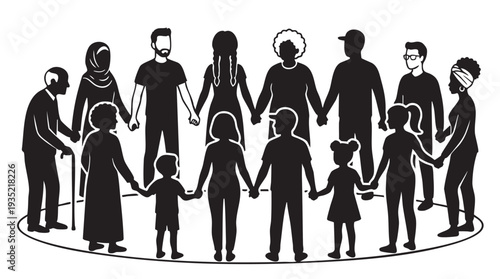 Diverse group of people holding hands in a circle symbolizing unity and togetherness in a vector illustration