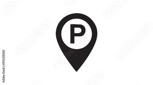 Simple black and white vector graphic of a map pin icon with parking symbol in the center for navigation and location purposes