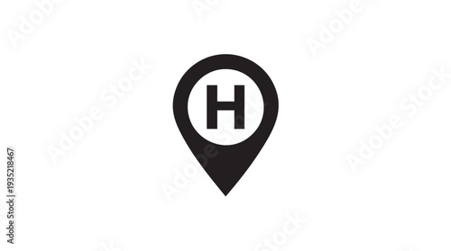 Black vector graphic illustration of a map pin with letter h inside on a white background