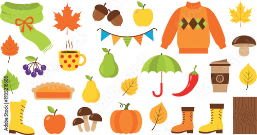Autumn Fall Elements Collection with Sweater Pumpkin Leaves Boots Umbrella and Cozy Seasonal Cartoon Vector Illustration Set