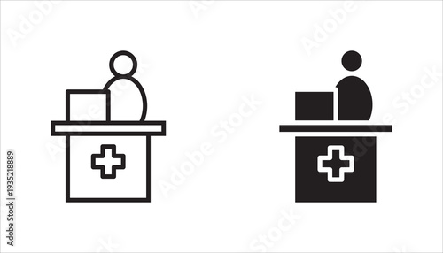 Hospital reception desk or pharmacy counter with medical cross line icon. Outline healthcare service symbol for clinic registration, hospital front desk, pharmacy service, and medical facility