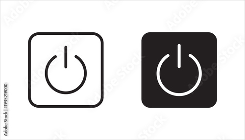 Power button on and off line icon inside rounded square. Outline symbol for device power control, startup, shutdown, energy, and technology interface.