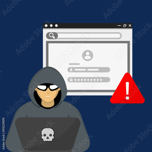Hacker stealing login data on laptop with warning alert, symbolizing phishing attack, identity theft, cybersecurity threat and online account breach