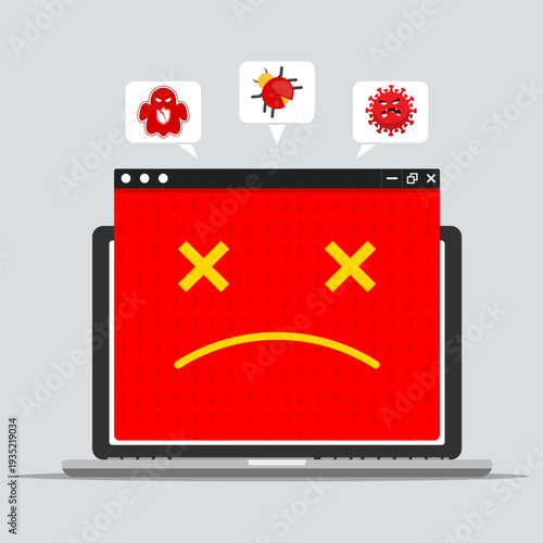 Computer infected with malware showing error face and virus icons, representing cyberattack, system failure, ransomware threat, and online security risk