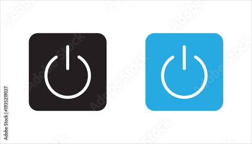 Power button on and off line icon inside rounded square. Outline symbol for device power control, startup, shutdown, energy, and technology interface.