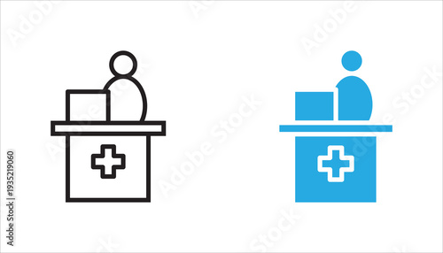 Hospital reception desk or pharmacy counter with medical cross line icon. Outline healthcare service symbol for clinic registration, hospital front desk, pharmacy service, and medical facility