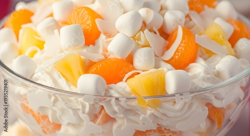 Classic Ambrosia Salad With Marshmallows And Mandarin Oranges, Vintage Dessert Bowl Filled With Whipped Cream, Coconut, And Cherries, Retro Potluck Favorite, Sweet Creamy Fruit Mix