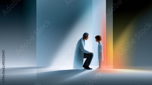 A father and child interacting with a playful holographic pediatrician, colorful and calming atmosphere