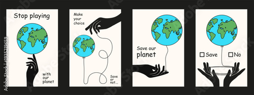 Earth Day. Vector illustration of surreal silliness Earth Day vertical poster set with globe black hands and bold message. Postcard with deep meaning. EPS 10