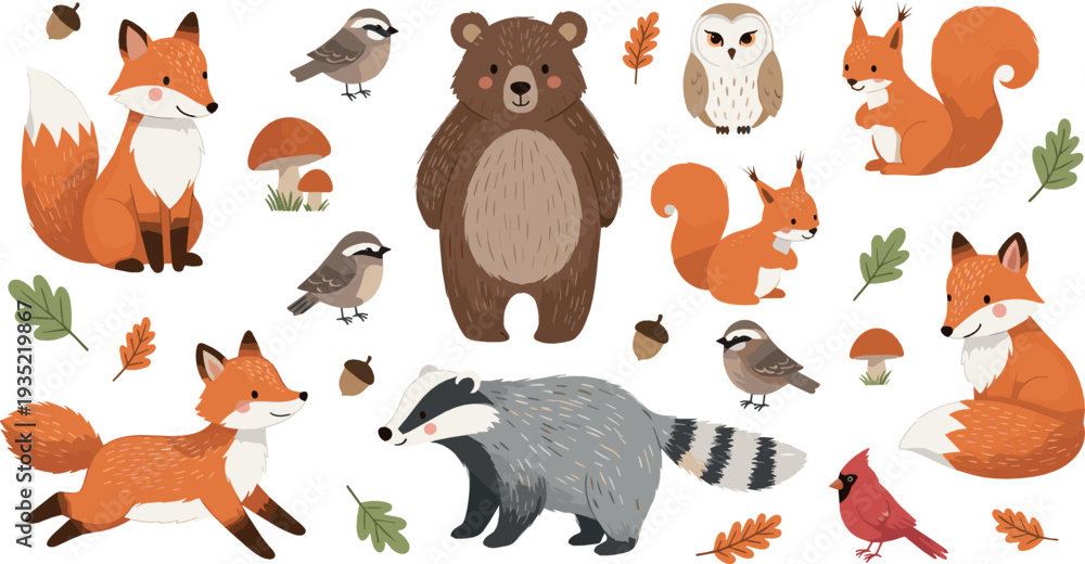 Obraz premium Autumn Woodland Animals Collection with Fox, Bear, Squirrel, Badger and Forest Birds Vector Illustration Set