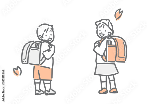 ランドセルを誇らしげに見せる小学一年生　シンプルでお洒落な線画イラスト