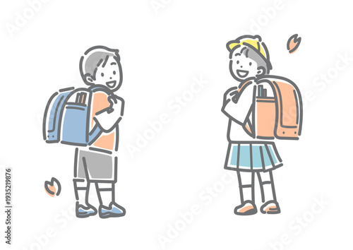 ランドセルを誇らしげに見せる小学一年生　シンプルでお洒落な線画イラスト