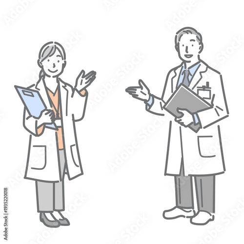 親切に案内をする医師　シンプルでお洒落な線画イラスト