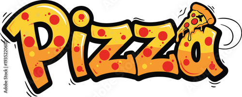 Creative Pizza Lettering Design with Cheese and Salami Accents, Vibrant Cartoon Food Word Art for Pizzeria Menu, Fast Food Branding, and Social Media Marketing